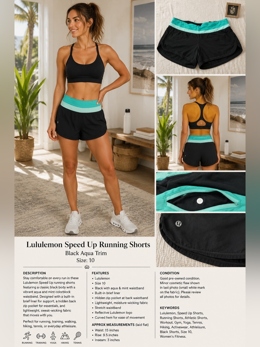 lululemon athletica Black Running Shorts with Aqua Waistband